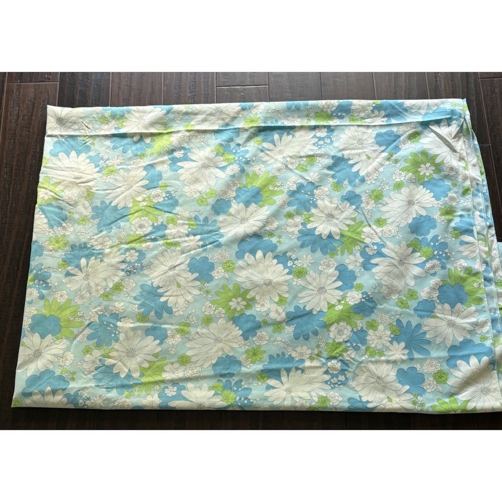 Vintage Cannon Monticello Full Size Flat Sheet Blue Floral 60s Retro Mod Hippie
